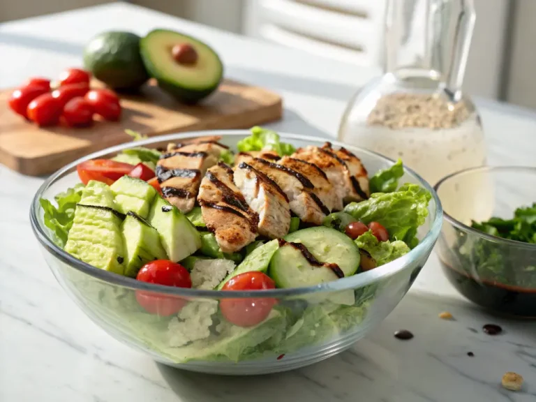 Freshly made Kardashian Salad with grilled chicken and balsamic dressing