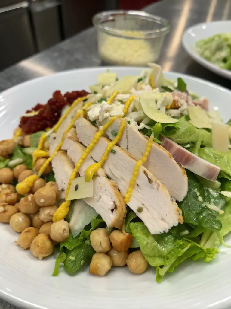 Kardashian salad inspired La Scala chopped salad in a white bowl with finely diced lettuce, salami, cheese, and chickpeas