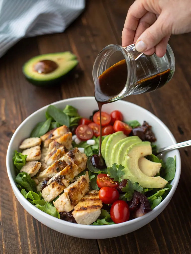 Tossing a Kardashian salad in a large bowl with two wooden utensils mixing fresh ingredients of the La Scala chopped salad