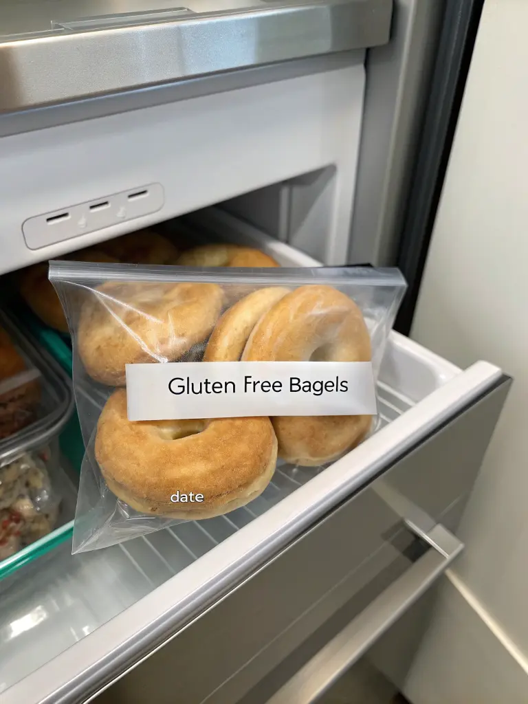 freeze-gluten-free-bagels Gluten free bagels stored in a freezer-safe bag