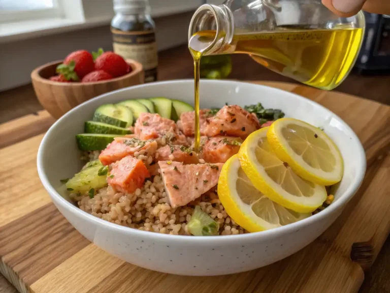 Healthy salmon quinoa bowl with fresh toppings