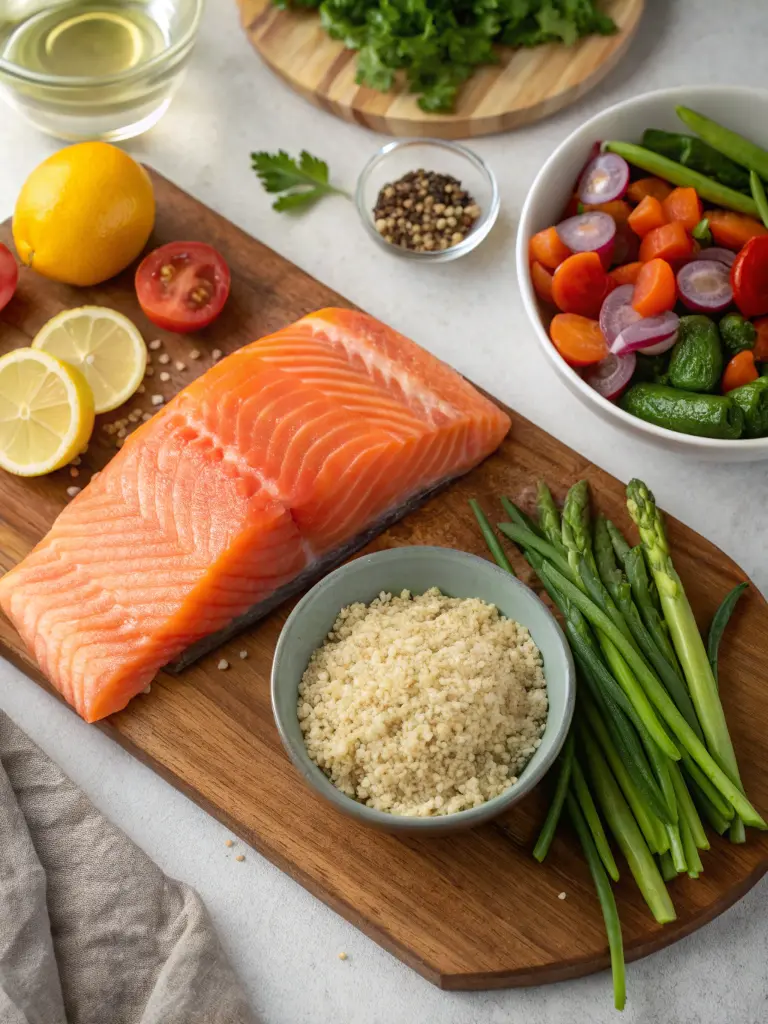 Ingredients for making salmon quinoa bowls