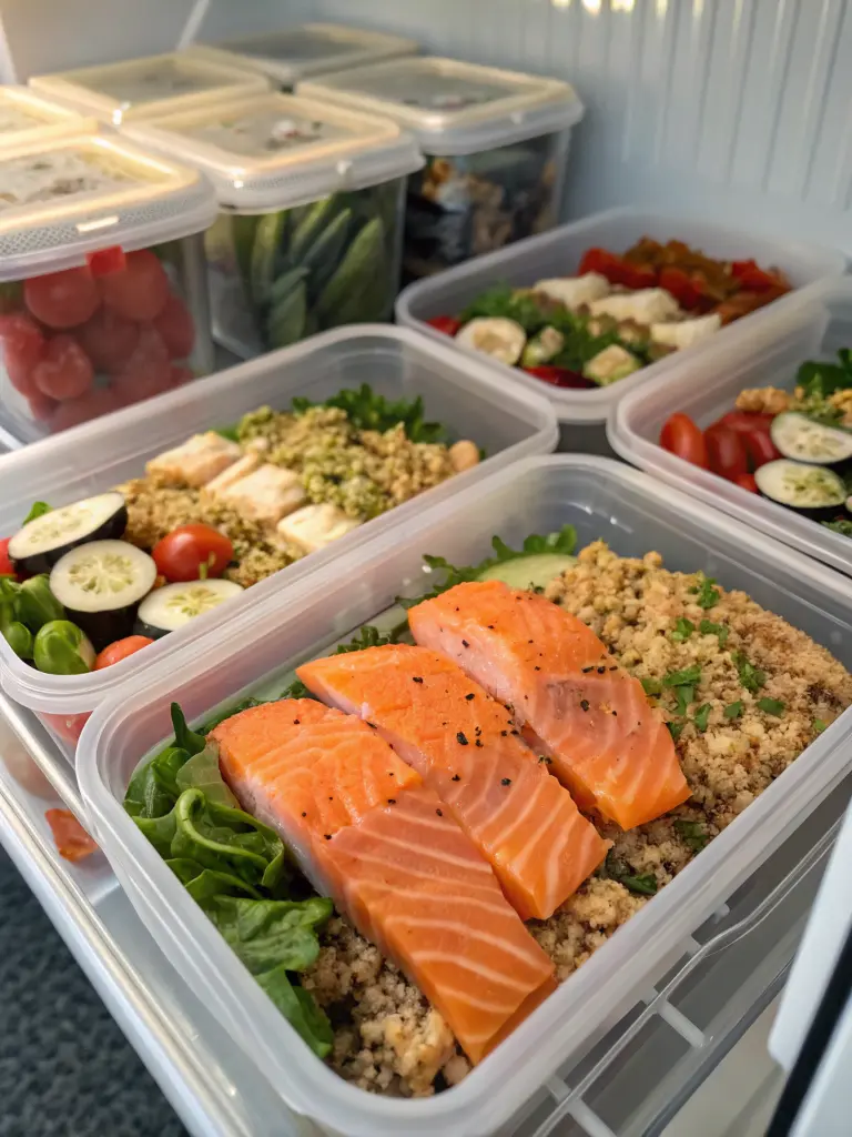 Meal prepped salmon quinoa bowls in containers