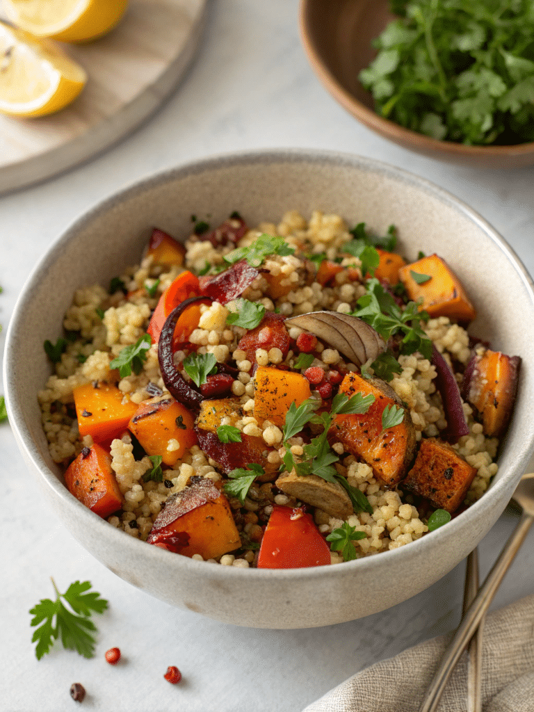 Gluten-free orzo substitute served as grain bowl