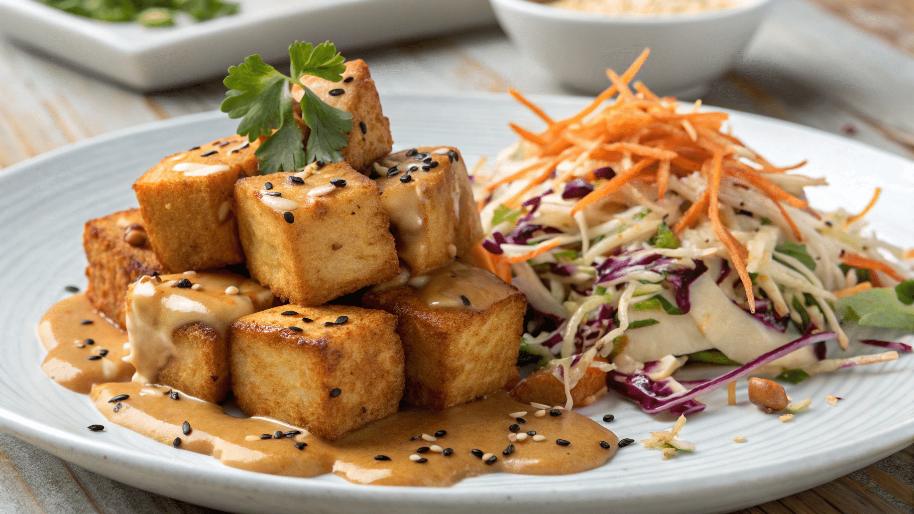 The Ultimate Crispy Tofu with Peanut Sauce & Crunchy Slaw