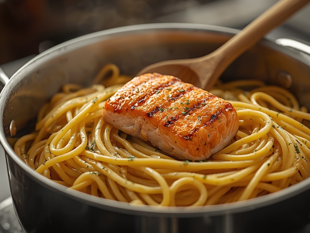 grilled salmon pasta - Detail or variation